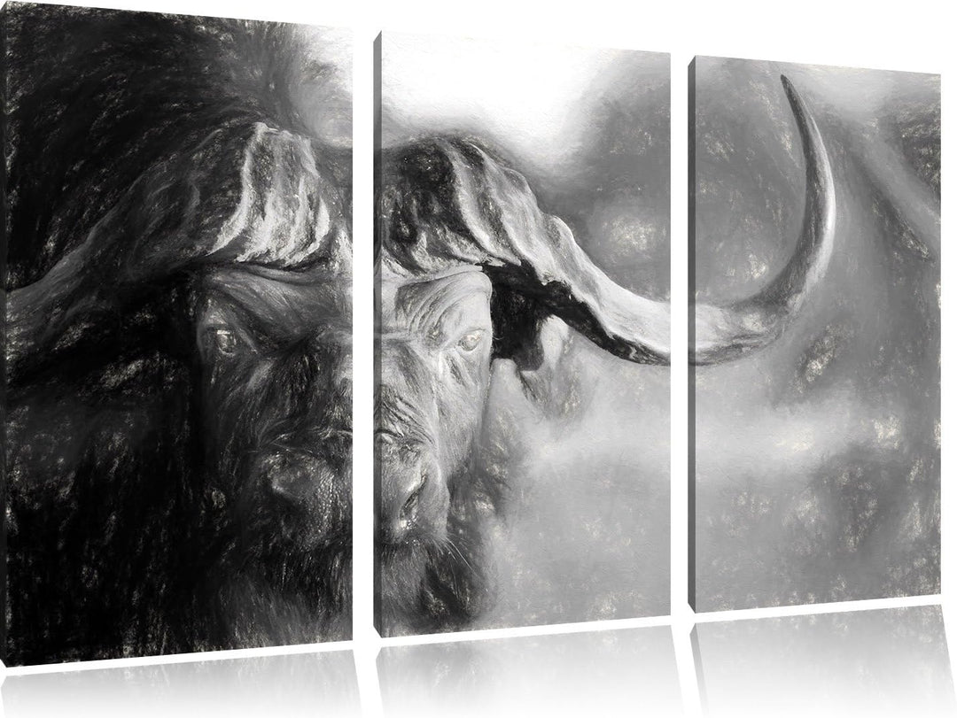 Pixxprint Kaffernbüffel mit kräftigen Hörnern Kunst Kohle Effekt 3-Teiler Leinwandbild 120x80 Bild a