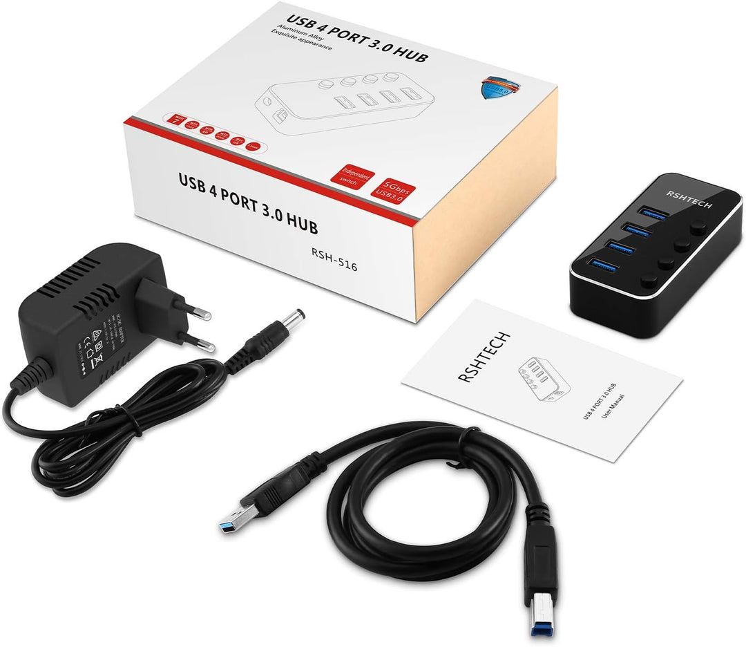RSHTECH USB Hub Aktiv 3.0 mit Netzteil, USB 3.0 Hub Aktiv mit 4 Ports USB Verteiler 3.0 Datenhub mit