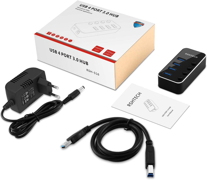 RSHTECH USB Hub Aktiv 3.0 mit Netzteil, USB 3.0 Hub Aktiv mit 4 Ports USB Verteiler 3.0 Datenhub mit