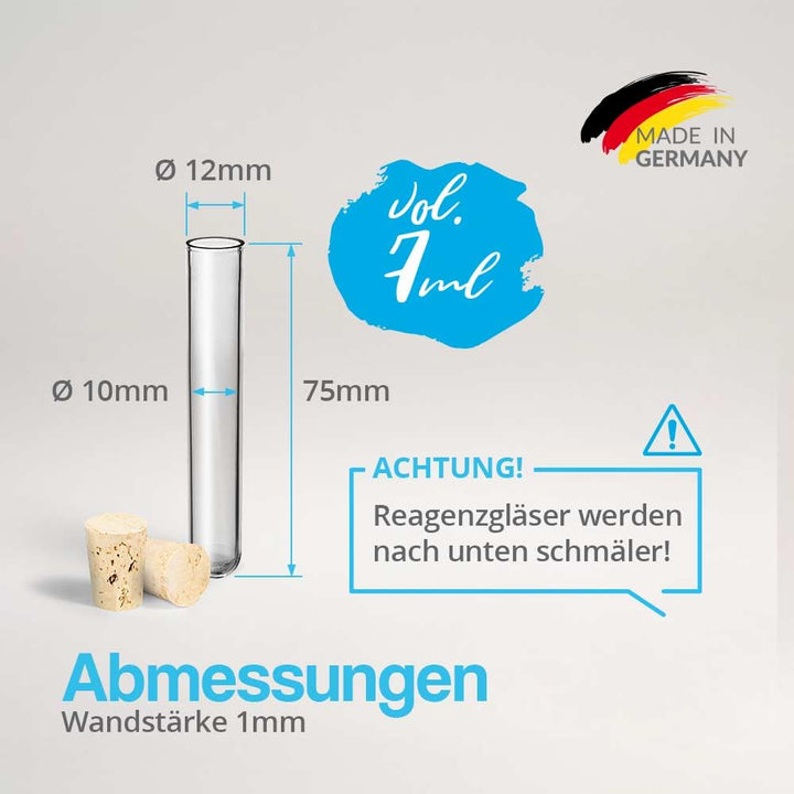 Tuuters 100x Kunststoff Reagenzgläser mit Korken (Naturkorken), Reagenzröhrchen (75 x Ø 12mm), 75 x