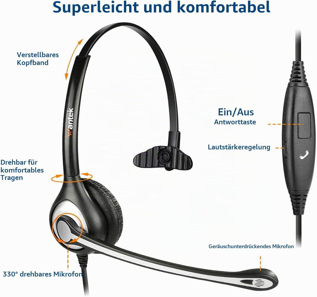 Wantek Mono-Headset mit Mikrofon für Laptop, PC-EIN-Ohr-Kopfhörer 3,5mm Klinke &amp; 2,5mm Adapter,Geräu
