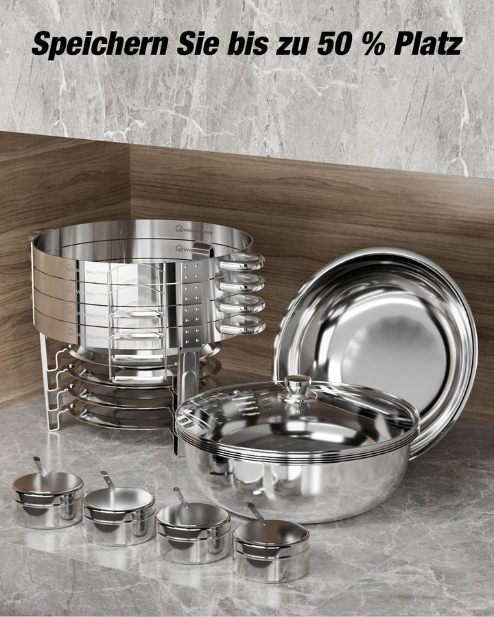 WARMOUNTS 4er Set Chafing Dish Buffet 5L, Rund Speisenwärmer für Catering mit Glasdeckel & Deckelhal