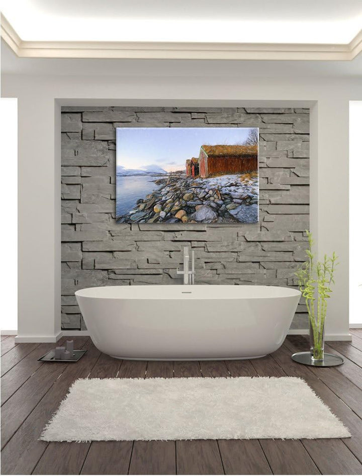 Pixxprint Küste der norwegischen See Tromso Kunst Buntstift Effekt, Format: 100x70 auf Leinwand, XXL