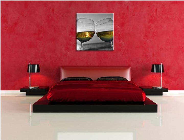 Pixxprint Wein in Gläsern am Meer schwarz/weiss, Format: 70x70 auf Leinwand, 70x70