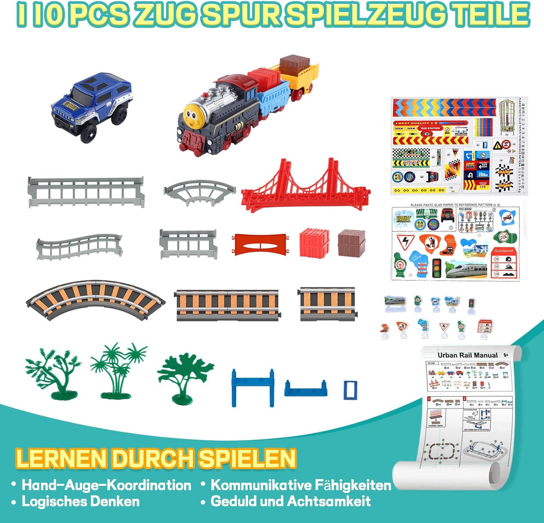 Kinder Eisenbahnschiene Zug Spielzeug Set, Autorennbahn Spielzeug mit Zug&Autobahnautos, für Kinder