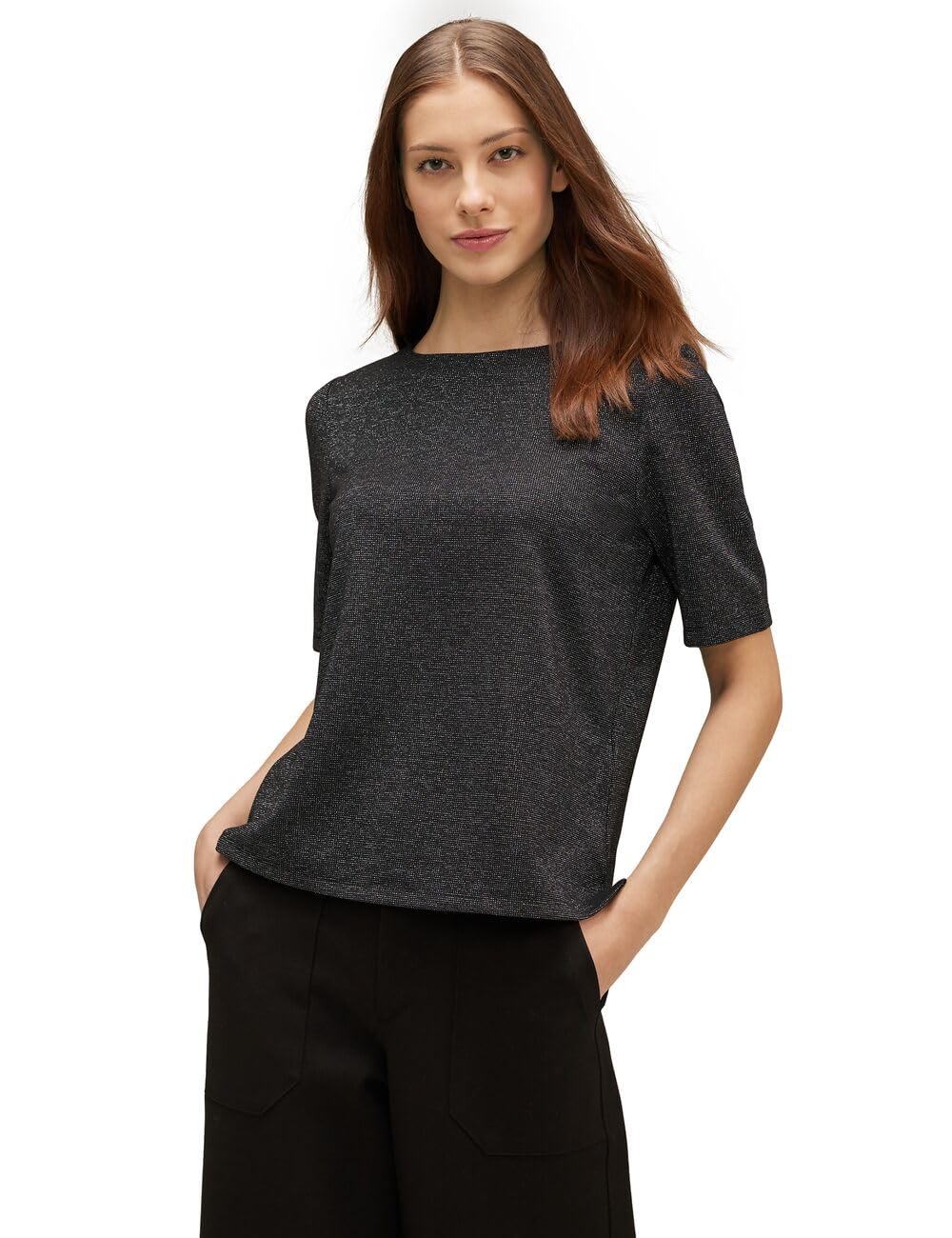 Street ONE Damen Glitzer Kurzarmshirt 38 Schwarz, 38 Schwarz