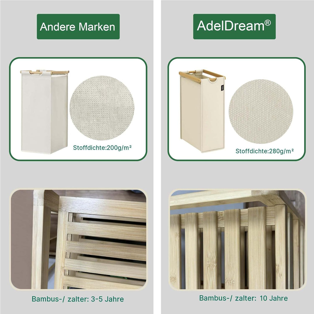 AdelDream Wäschekorb 150L, 3 Fächer Wäschesammler mit Ablage, Bambusrahmen | Wäschesortierer mit 3 x
