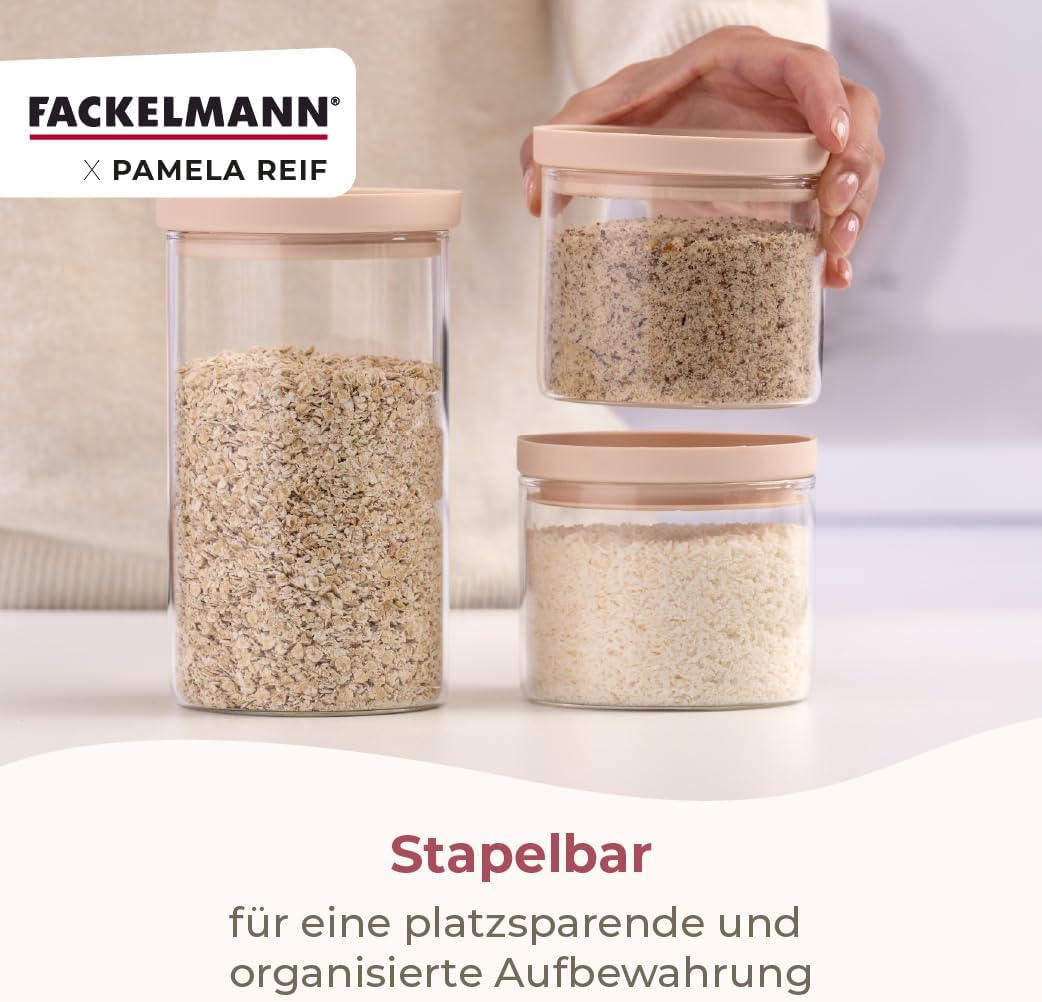 FACKELMANN x Pamela Reif Vorratsbehälter aus Glas – 4 Stück, 1000 ml, transparent mit pastellbeigem