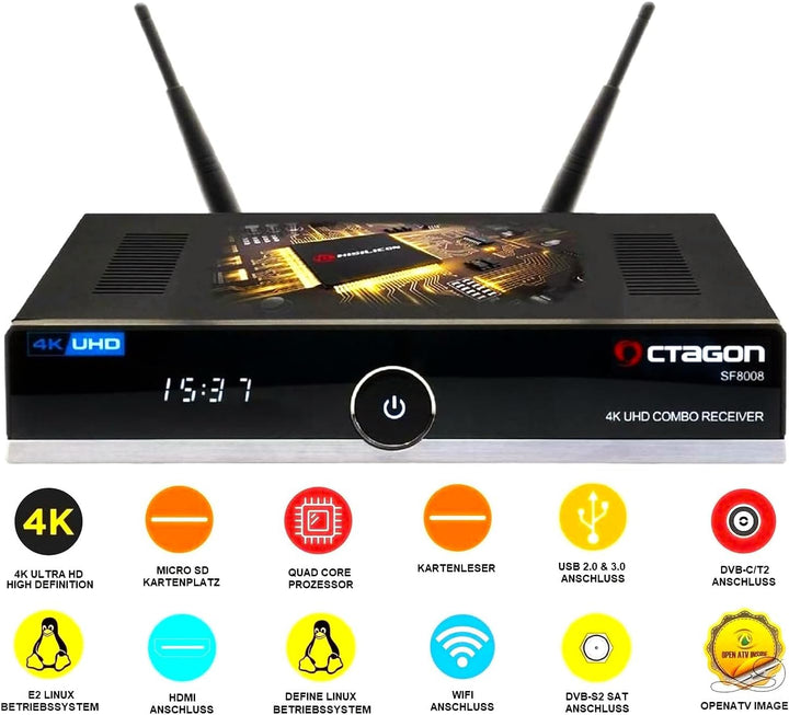 Octagon SF8008 UHD 4K Combo Receiver, Sat- Kabel- & DVB-T2 Receiver, E2 Linux & Define OS, DVB-S2X &