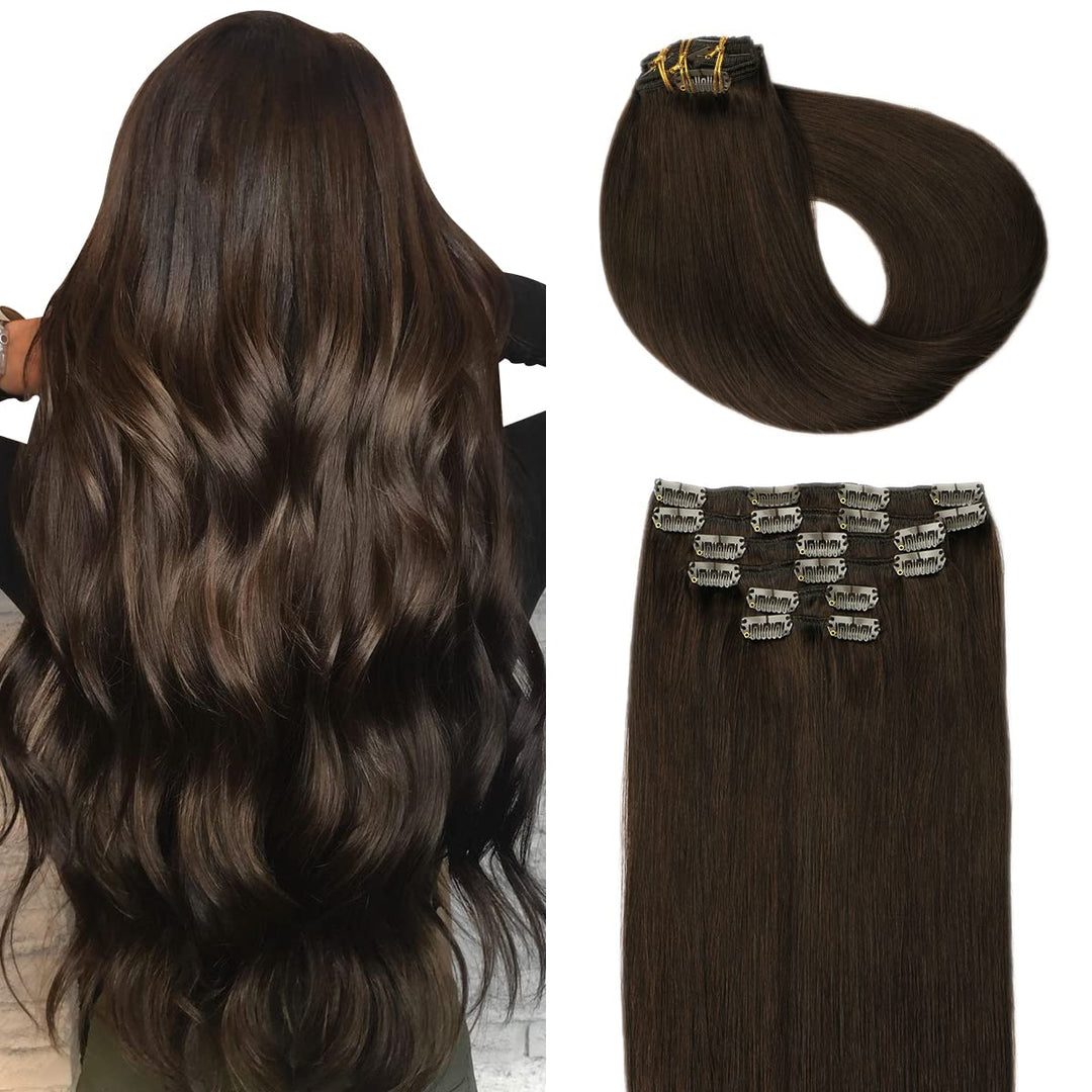 SURNEL 50cm Clip in Extensions Echthaar 6pcs/120g Dunkelstes Braun 