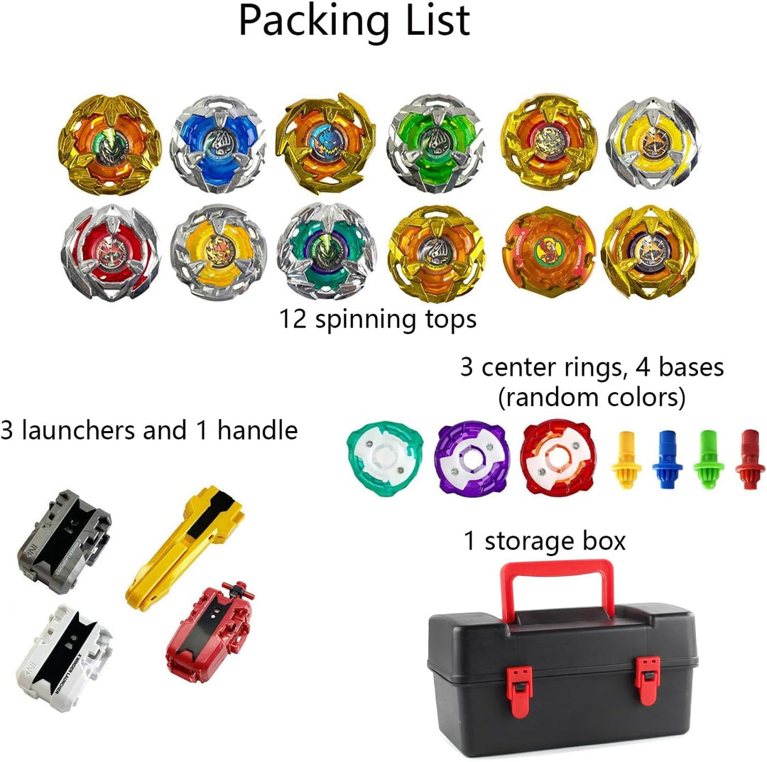 Battling Tops, 12 Kreisel, 3 Werfer, 1 Griff, 3 Mittelringe und 4 Basen, mit Aufbewahrungsbox, Gebur