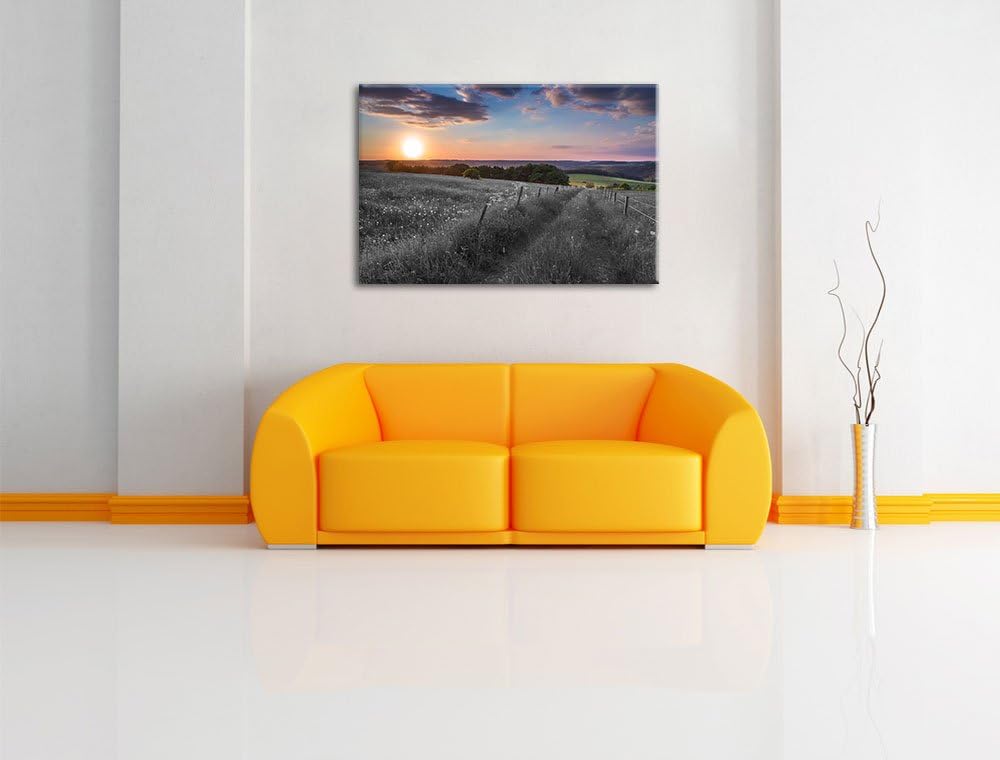 Pixxprint Bergwiese im Sonnenaufgang / 100x70cm Leinwandbild bespannt auf Holzrahmen/Wandbild Kunstd