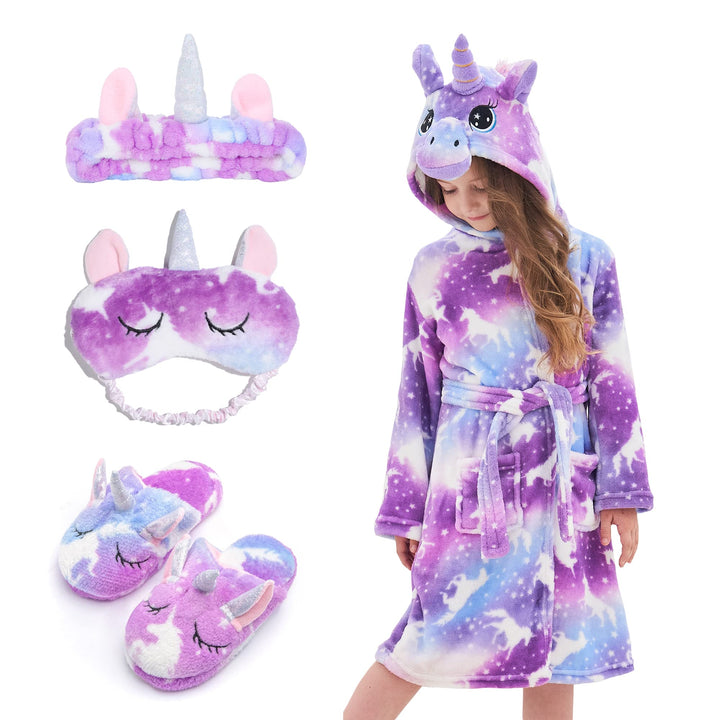 Weicher Einhorn-Bademantel mit Kapuze für Mädchen mit Einhorn-Pantoffeln, Augenbinde und Stirnband -