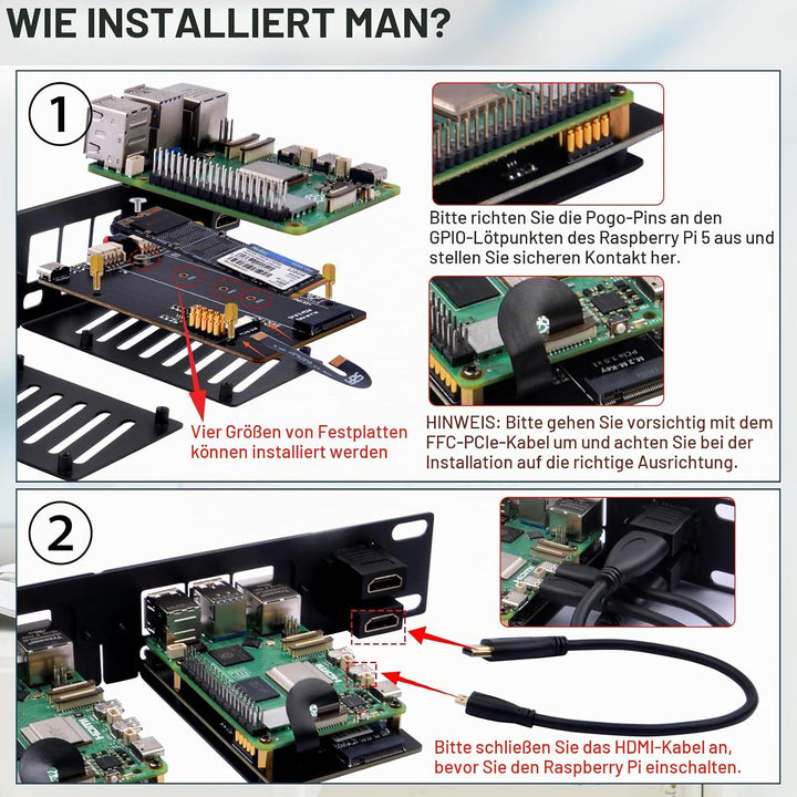 GeeekPi 10 Zoll 1U Rack-Halterung für Raspberry Pi 5, mit 2PCS PCIe auf M.2 NVMe SSD Adaptern, hält