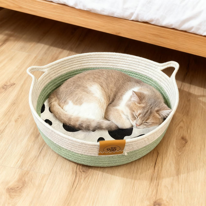 Katzenbett Waschbar aus Baumwollseilen, 40cm Katzenkörbchen mit Baumwollekissen, Katzenkorb Geflocht