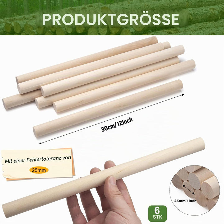 Natürliche Rundstab Holz Holzstäbchen 6 Stück Holzdübel zum Basteln, 2.5 cm x 30 cm runde Makramee-H
