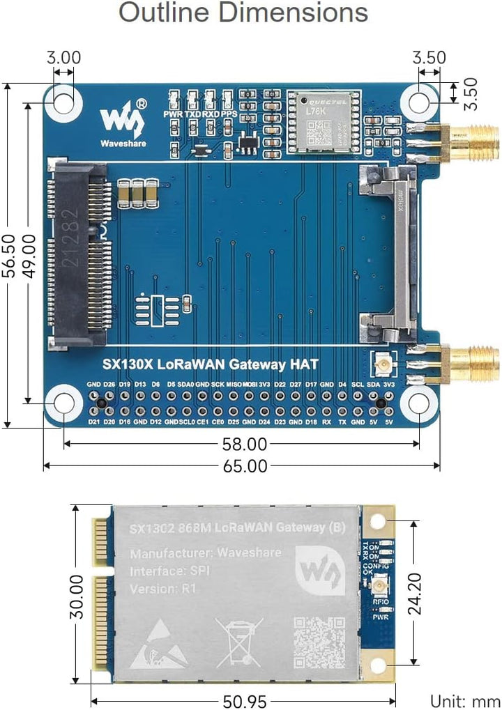 Waveshare SX1303 868M LoRaWAN Gateway Hat for Raspberry Pi L76K Module Standard Mini-PCIe SocketLong