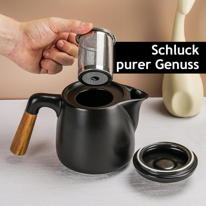 MIAMIO - 1 Liter Keramik-Teekanne-Set mit Siebeinsatz und Tassen/Teesieb, 4 Keramik-Teetassen (300 m
