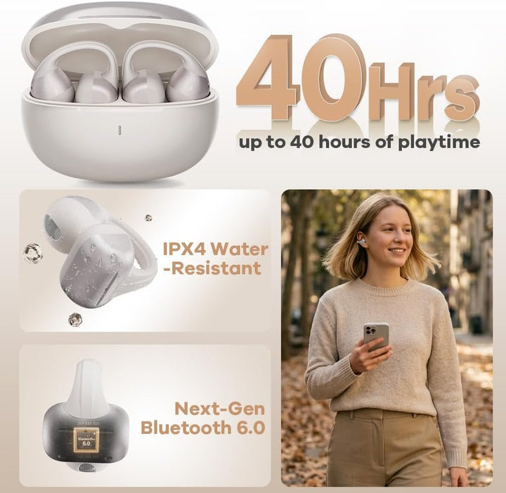 Open Ear Kopfhörer, Bluetooth Earbuds, Clip on Design mit 4 Noise Cancelling Mikrofone, 40h Std, Blu