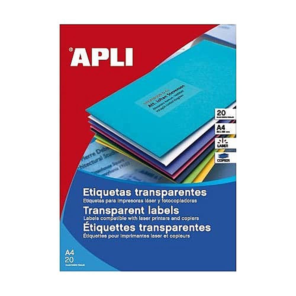 Apli 1225 – Transparente Etiketten für Laserdrucker und Kopierer, 210 x 297 mm, 20 Blatt Durchsichti