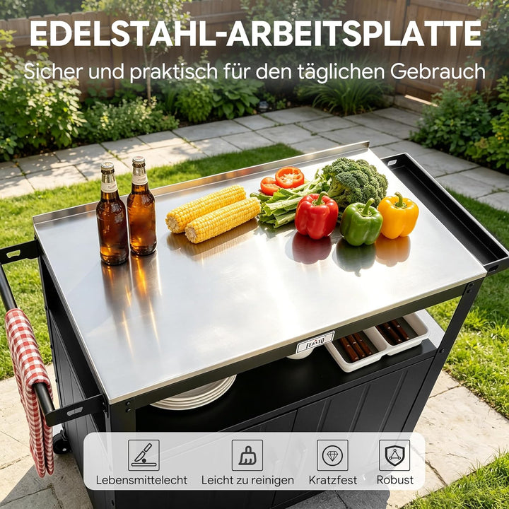 Feasto Servierwagen mit Rollen, Grillwagen mit Schrank, Edelstahlplatte, Outdoor Küche für Terrasse