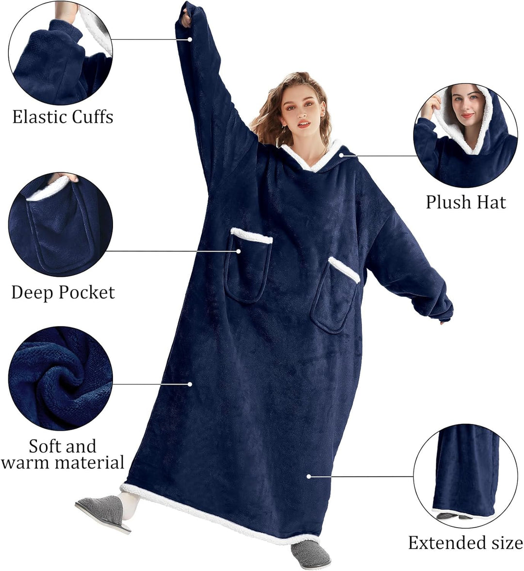 FEELJAM Decke Hoodie Decke mit Ärmeln und Kapuze Marineblaue Wolldecke mit Ärmeln tragbare Decke für
