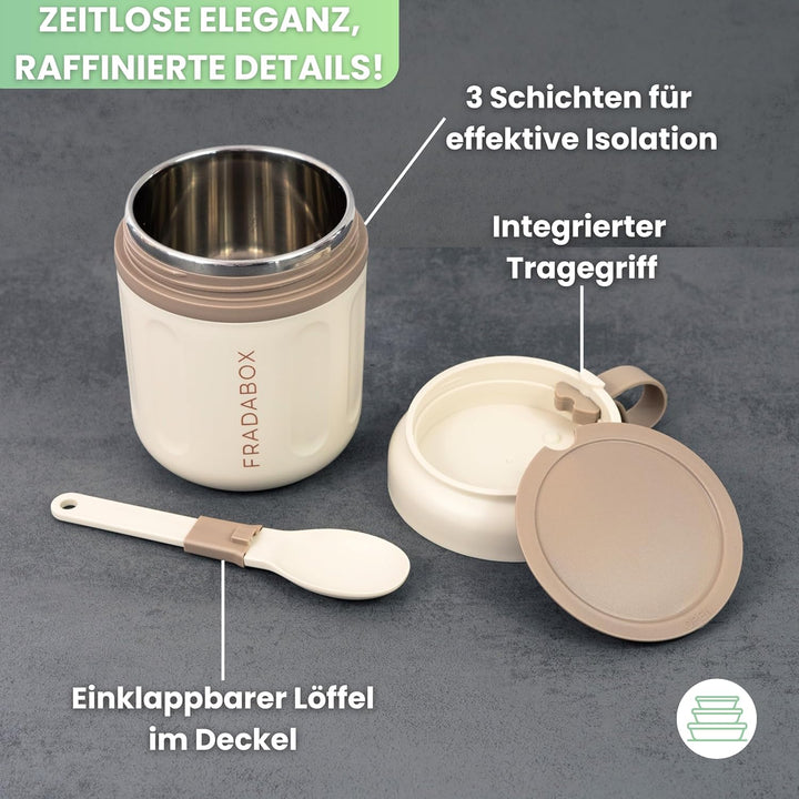 FRADABOX® Lunchpot „Casey“, Thermobehälter mit Löffel, Premium Edelstahl, Müslibecher to go, Auslauf