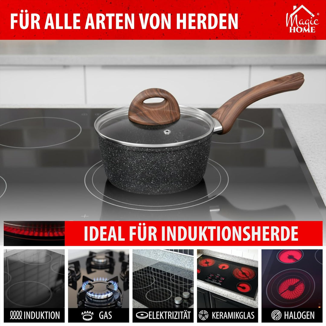 MAGIC HOME Stielkasserolle 16 cm INDUKTION | Marmor Antihaft Kasserolle mit Deckel | Kleiner Topf |