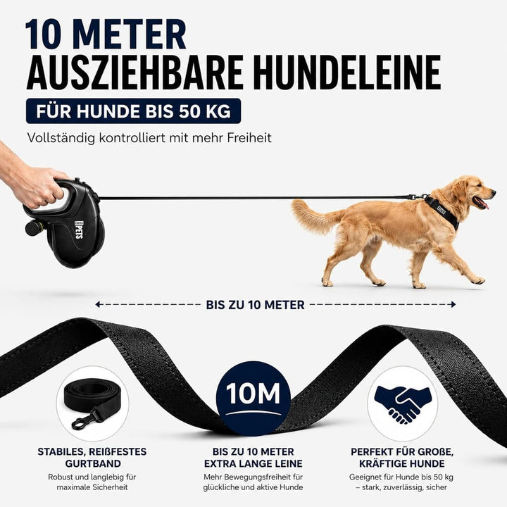 Rollleine Hundeleine 10m für grosse Hunde bis 50 kg - Ausziehbare Hundeleine 10 m mit Kotbeutel - Re