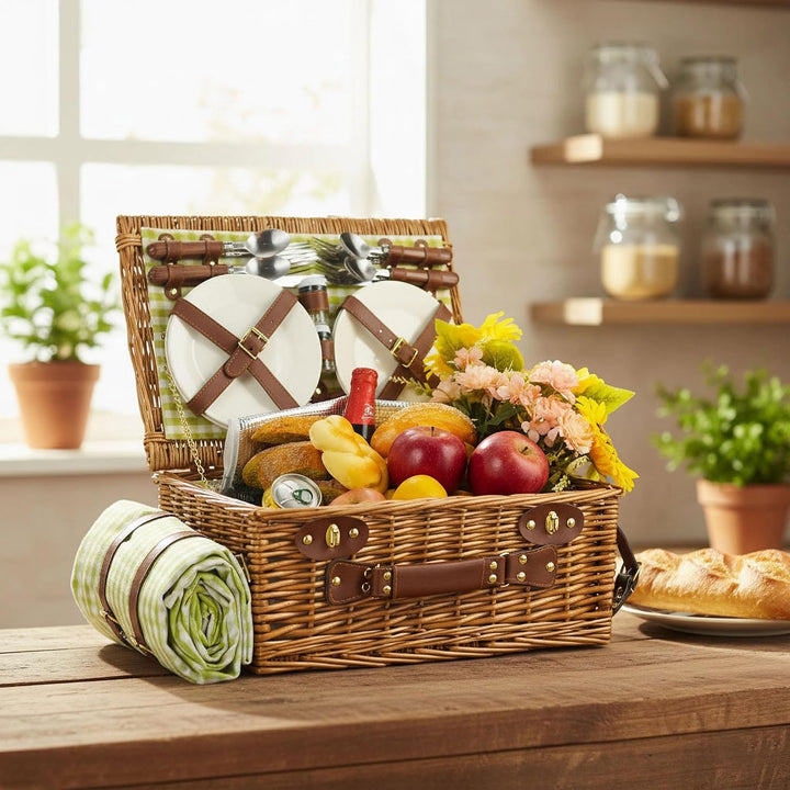 Wicker Picknickkorb Set für 4 Person mit Kühlfach und wasserdichte Picknickdecke, Abnehmbarer Riemen