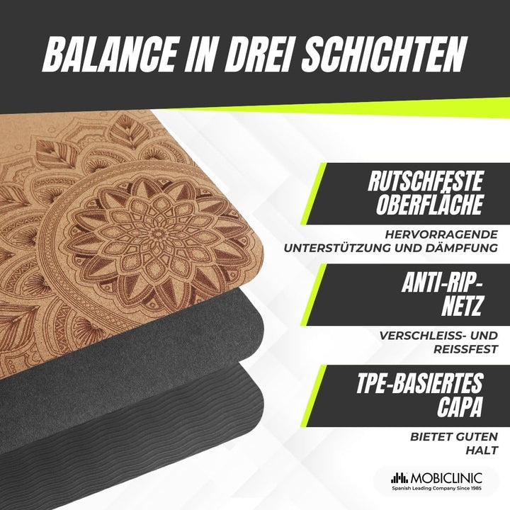 Mobiclinic®, Yogamatte naturkork, Rutschfest, Tragetasche, Antimikrobiell, 4mm dick, 100% recycelbar