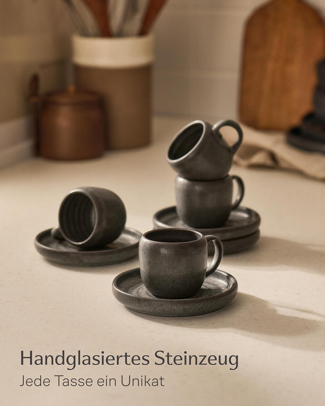 Cosumy 4er Espressotassen Set mit Untertassen Schwarz – 90 ml Keramik Espresso Tassen Set – Hält lan