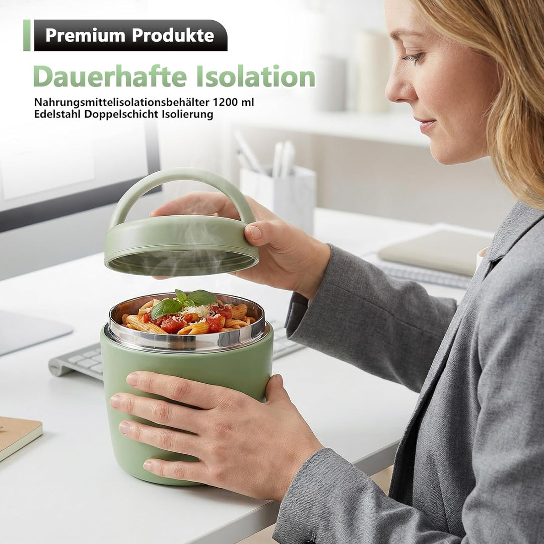 Thermobehälter für Essen 1200ml – Warmhaltebehälter aus Edelstahl mit Deckel & Löffel, Thermobox für