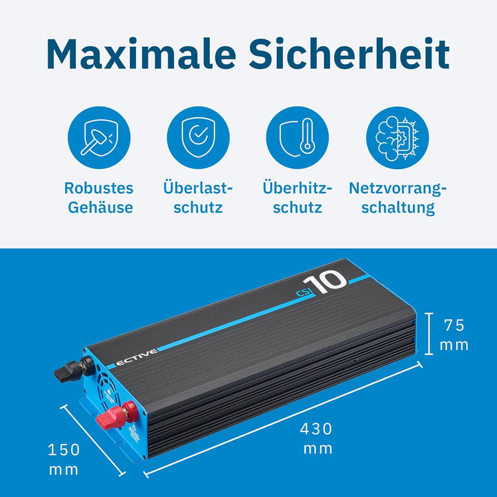 ECTIVE Reiner Sinsus Wechselrichter CSI 10-1000W, 12V auf 230V, USB, USV Funktion, Überhitzungsschut