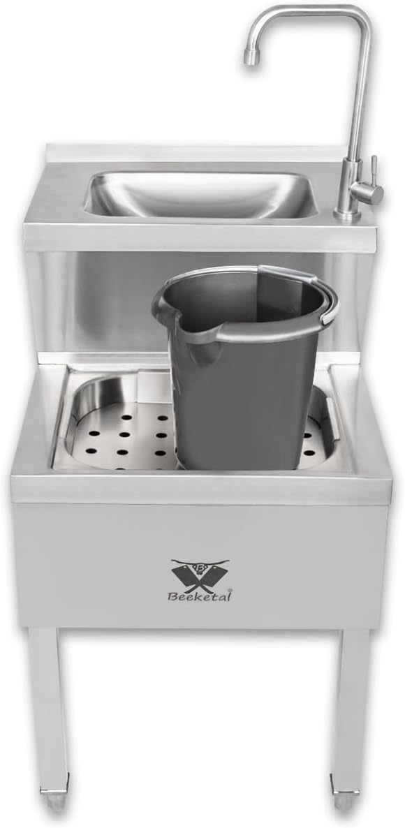 Beeketal 'BAB-1' 2in1 Edelstahl Stand Handwaschbecken mit Ausgussbecken, Industrie Waschbecken mit h