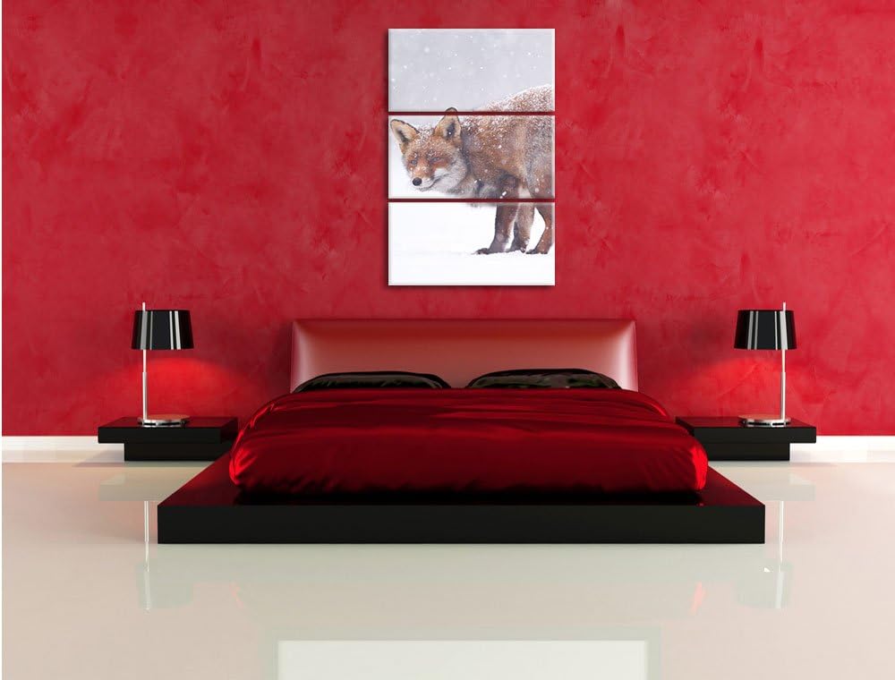 Pixxprint Roter Fuchs im Schneegestöber als Leinwandbild/Grösse: 3 Teilig (120x80) cm/Wandbild/Kunst