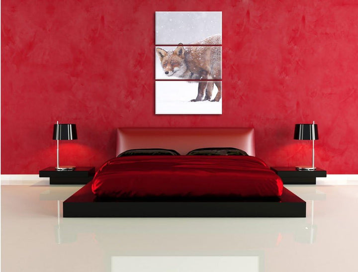 Pixxprint Roter Fuchs im Schneegestöber als Leinwandbild/Grösse: 3 Teilig (120x80) cm/Wandbild/Kunst