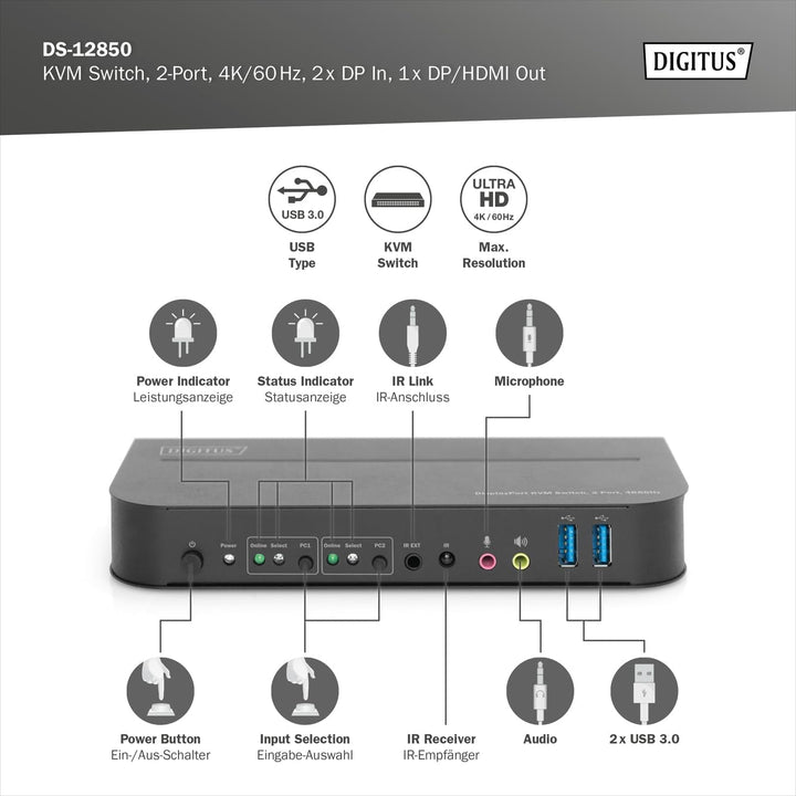 DIGITUS KVM-Switch DisplayPort – 2-Port Single-Display – 2 PC 1 Monitor – 1x Maus, Tastatur & Audio