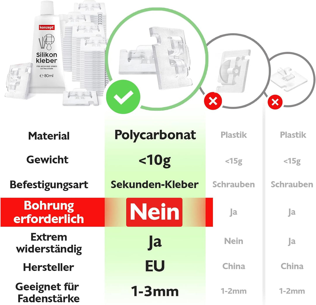 Klebehaken für Katzennetz Balkon, 20 Stück mit Montagekleber 30ml, extra stark – ohne Bohren, transp