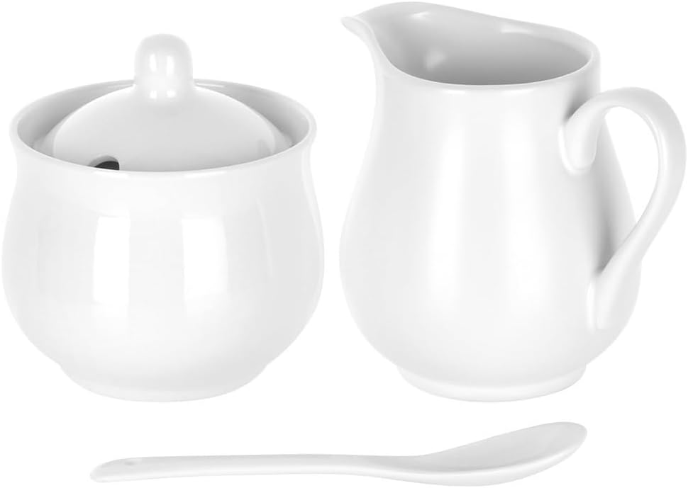 Vilde Milchkännchen und Zuckerdose Set aus Porzellan 2-teilig mit Deckel Löffel Weiss - Modern Kaffe