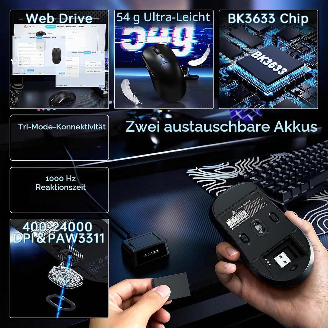 ZIYOU LANG × A.JAZZ AJ159V2MC Kabellose Leichte Gaming-Maus, Austauschbare Dual-Batterien, 54 g Ultr