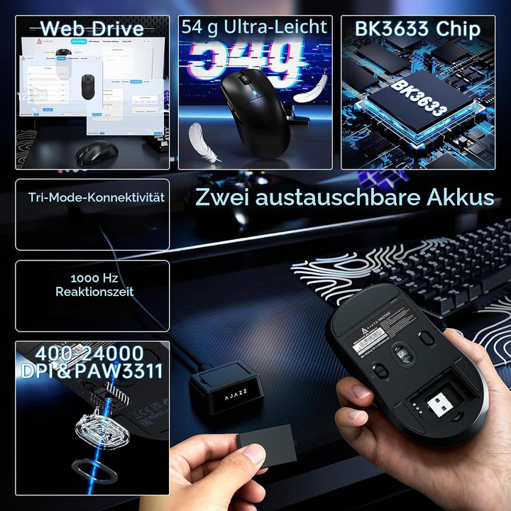 ZIYOU LANG × A.JAZZ AJ159V2MC Kabellose Leichte Gaming-Maus, Austauschbare Dual-Batterien, 54 g Ultr