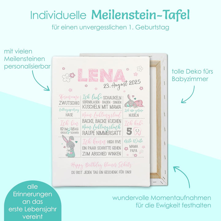 Meilensteintafel als Geschenk zu Babys 1. Geburtstag, individuell zum ersten Geb. Papier & Leinwand