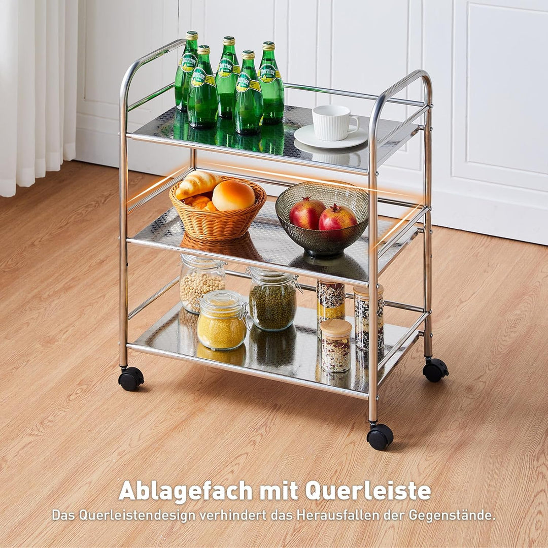 CLIPOP Edelstahl Servierwagen,Rollwagen mit 3 Ebenen Kapazität 150 kg Edelstahlwagen mit Rollen Küch