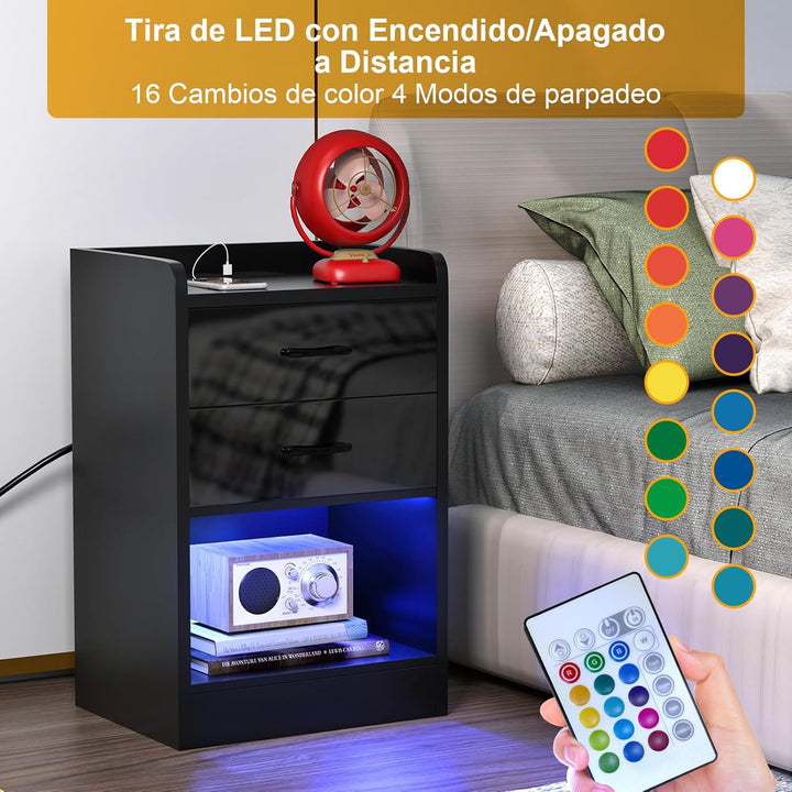 Nachttisch mit LED Licht, Nachttisch mit Ladestation, Nachtschrank mit Steckdosen USB Anschlüsse, Na