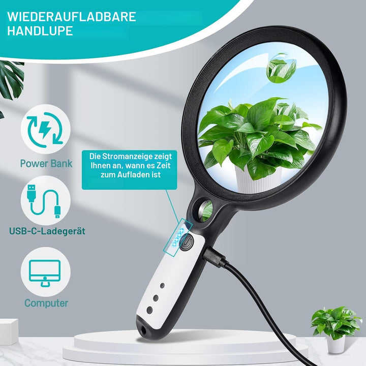 Lupe mit Licht USB Aufladbar, 10X 20X 45X Vergrösserungsglas, 37 LED Beleuchtete Handlupe mit 3 Lich