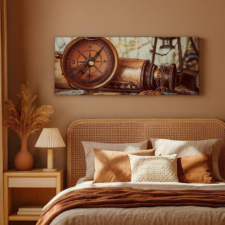 Wandbilder Dekoration Wohnzimmer Kompass Teleskop Abenteuer antik Panorama Bilder auf Leinwand 120x5