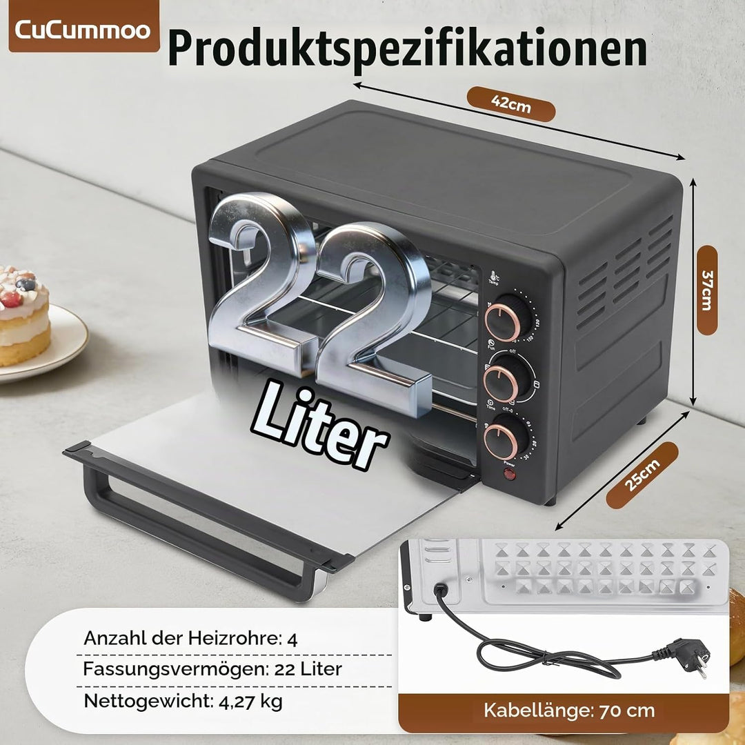 22 L Minibackofen, Mini Backofen mit Grillrost, Backblech vielseitiger Ofen mit einstellbarer Temper