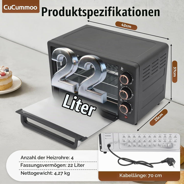 22 L Minibackofen, Mini Backofen mit Grillrost, Backblech vielseitiger Ofen mit einstellbarer Temper