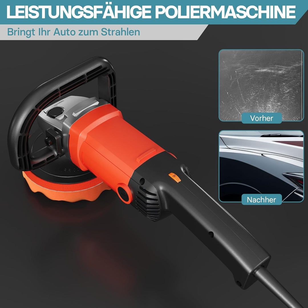 Wiltec Auto Poliermaschine Schleifmaschine 1200W bis 3000 U/min, Poliergerät mit 6 Stufen, mit Zubeh